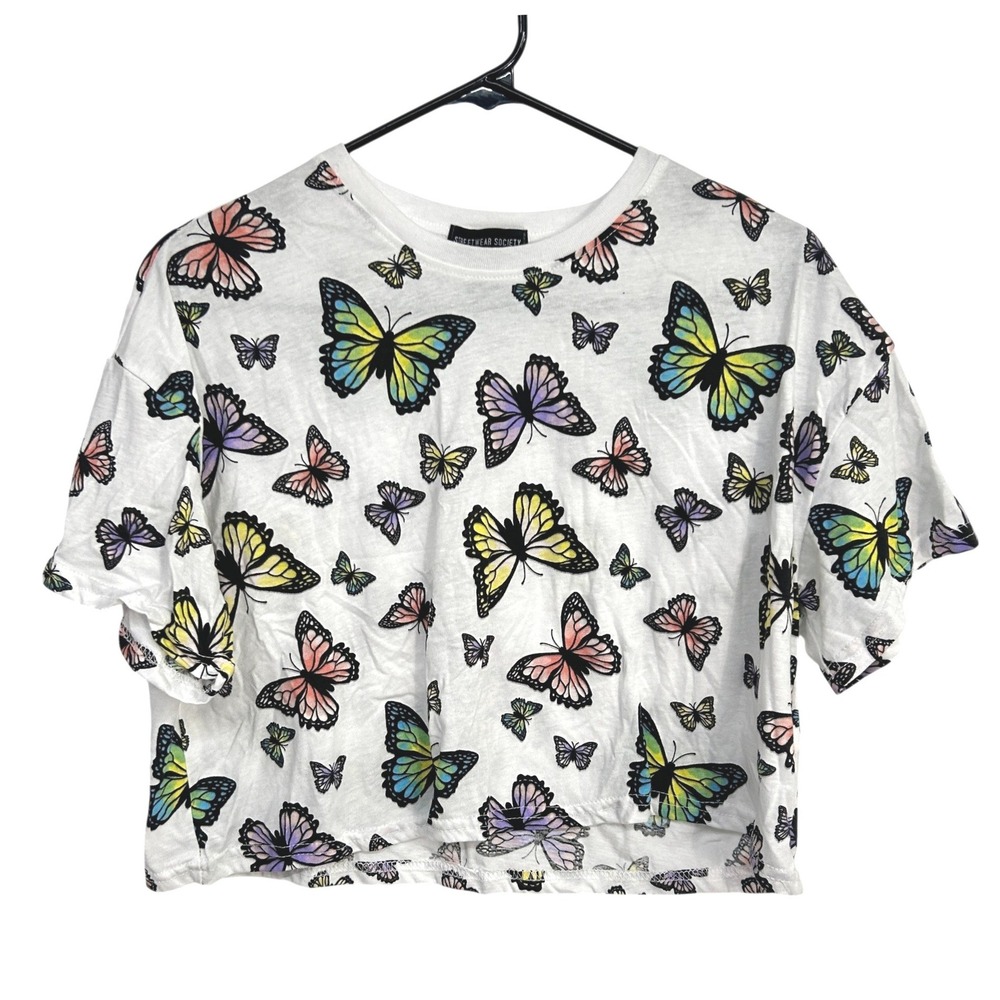 Y2K Butterfly Crop Top Medium Fairycore Soft Girl Pastel Coquette Graphic Tee